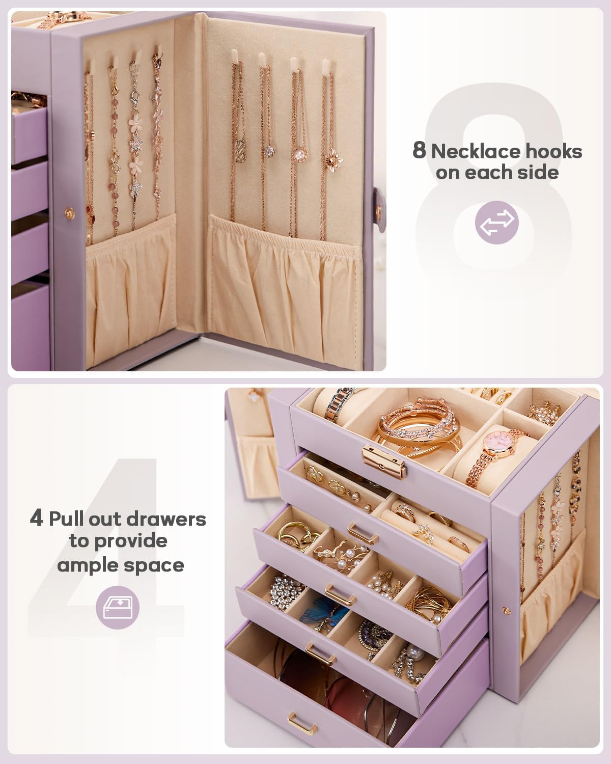 Synthetic Leather Huge Jewelry Box Mirrored Watch Organizer Necklace Ring Earring Storage Lockable