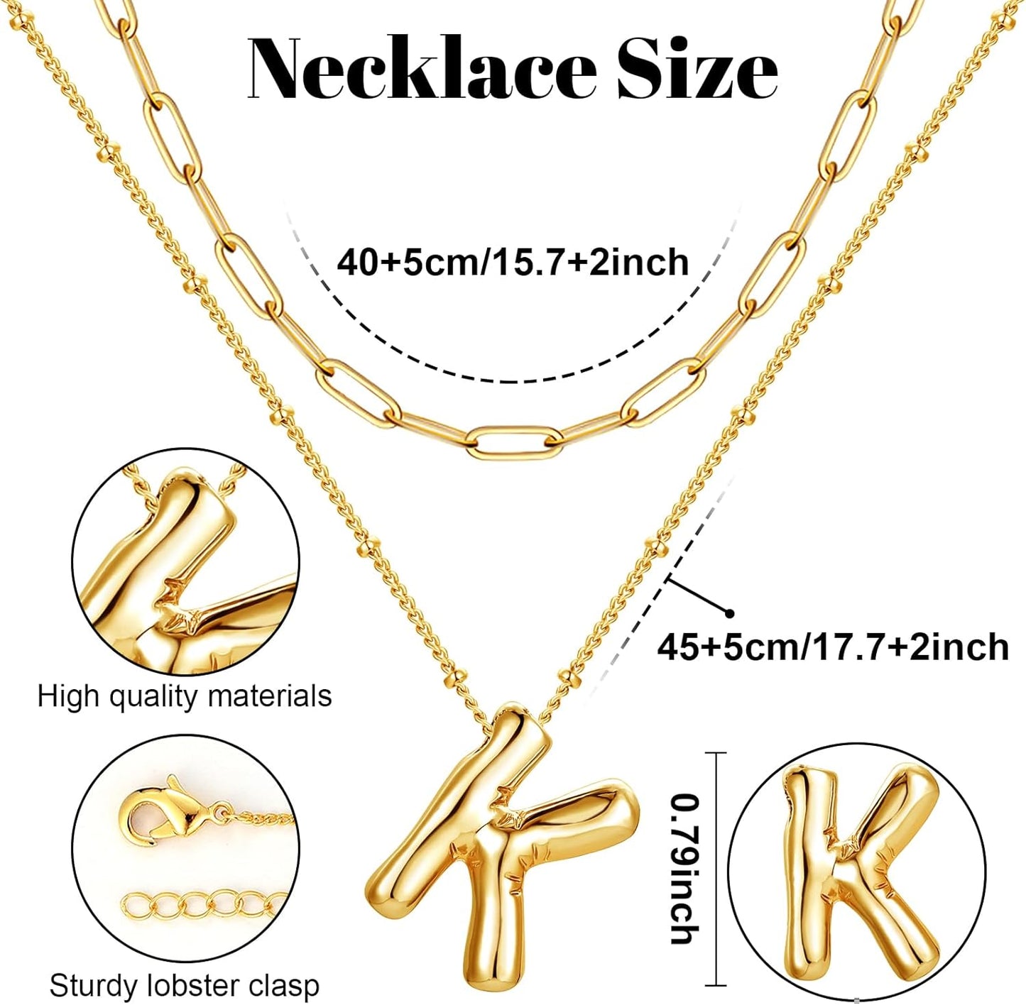 Letter Necklace With Balloon Pendant, 14K Gold Plated Double Chain Jewelry, Personalized Initial Necklace Gift for Women