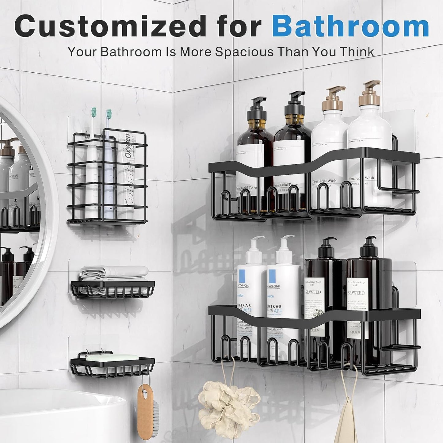 5-Pack Rustproof Stainless Steel Shower Caddy Set– No Drill  Bathroom Organizer
