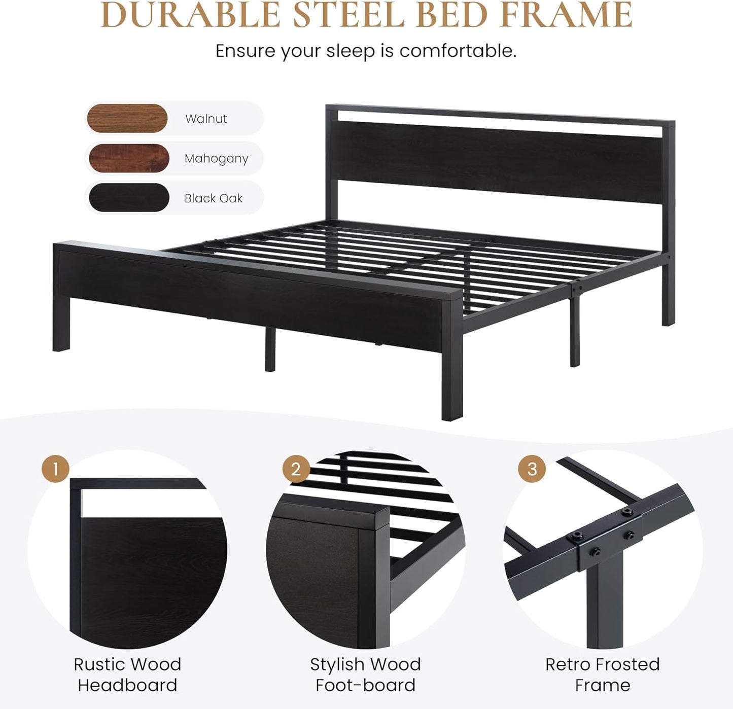 King Size Metal Platform Bed Frame with Wooden Headboard and Footboard, Mattress Foundation, No Box Spring Needed
