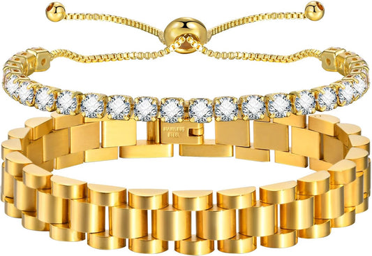 2pcs Gold Chain Link Bracelet, Stainless Steel Crystal Friendship Bracelets Bangle,Watch Band Chains Wristband