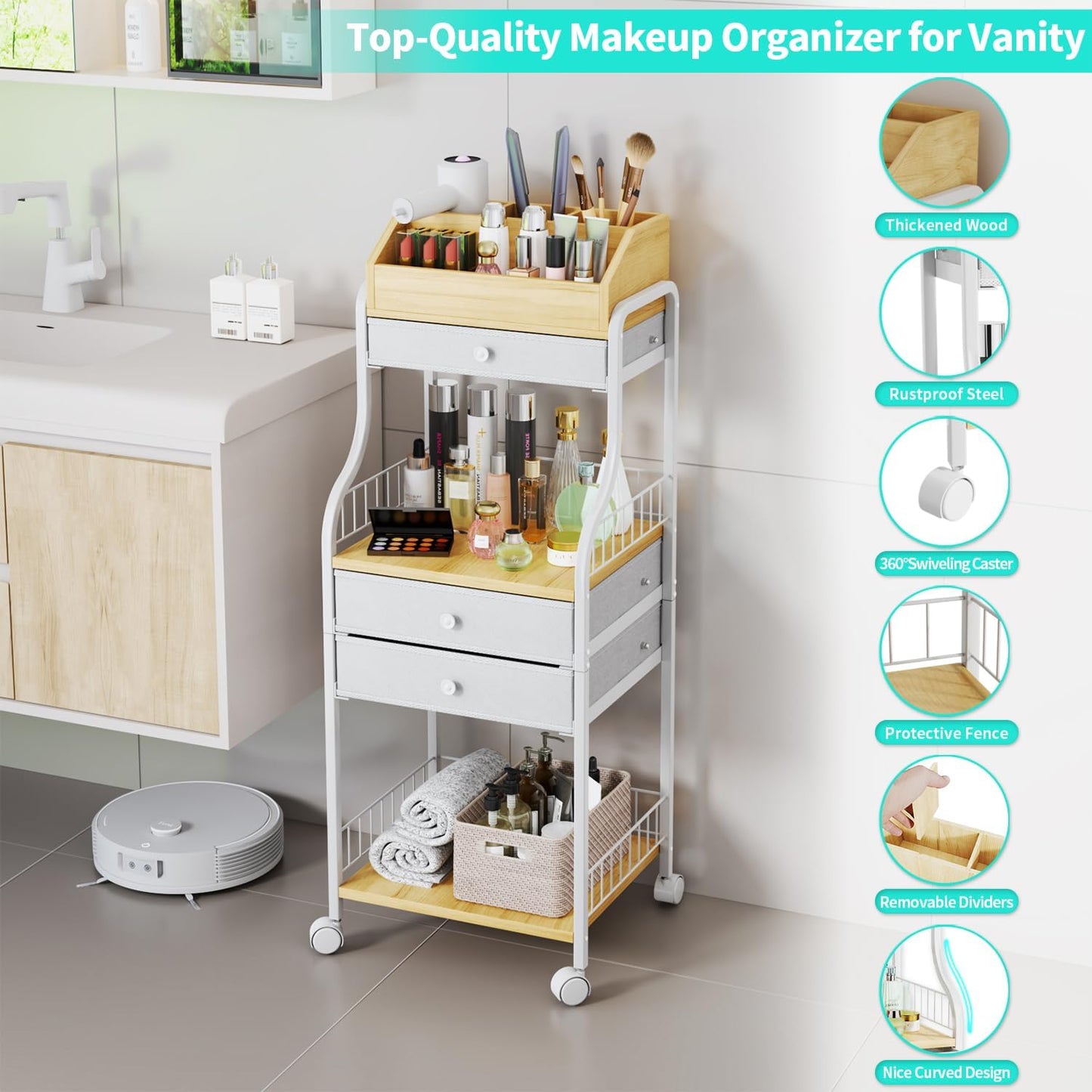 Floor Makeup Organizer Storage - Vanity Skincare Make Up Organizers and Storage with Drawers