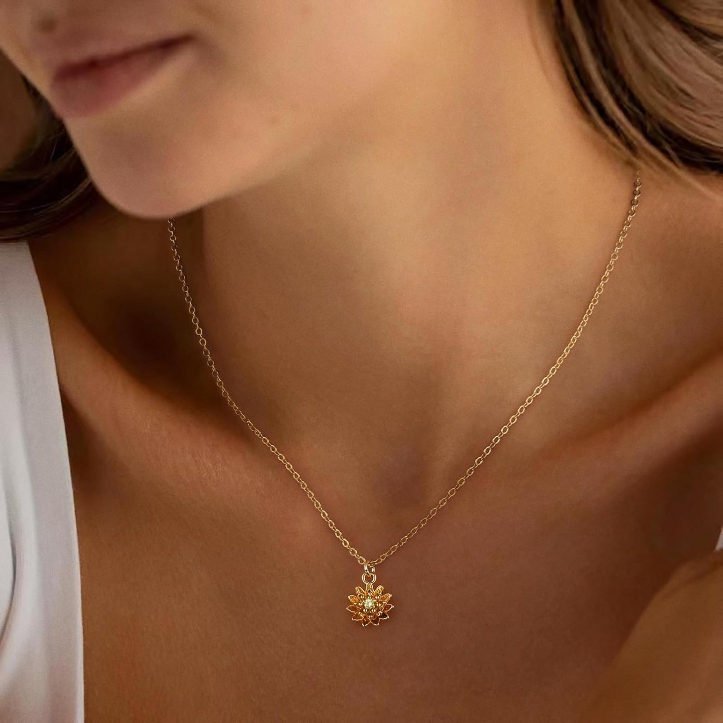 Dainty Birth Flower Necklace with Emerald Birthstone, 14K Gold Plated Cubic Zirconia Pendant, Birthday Gift for Women