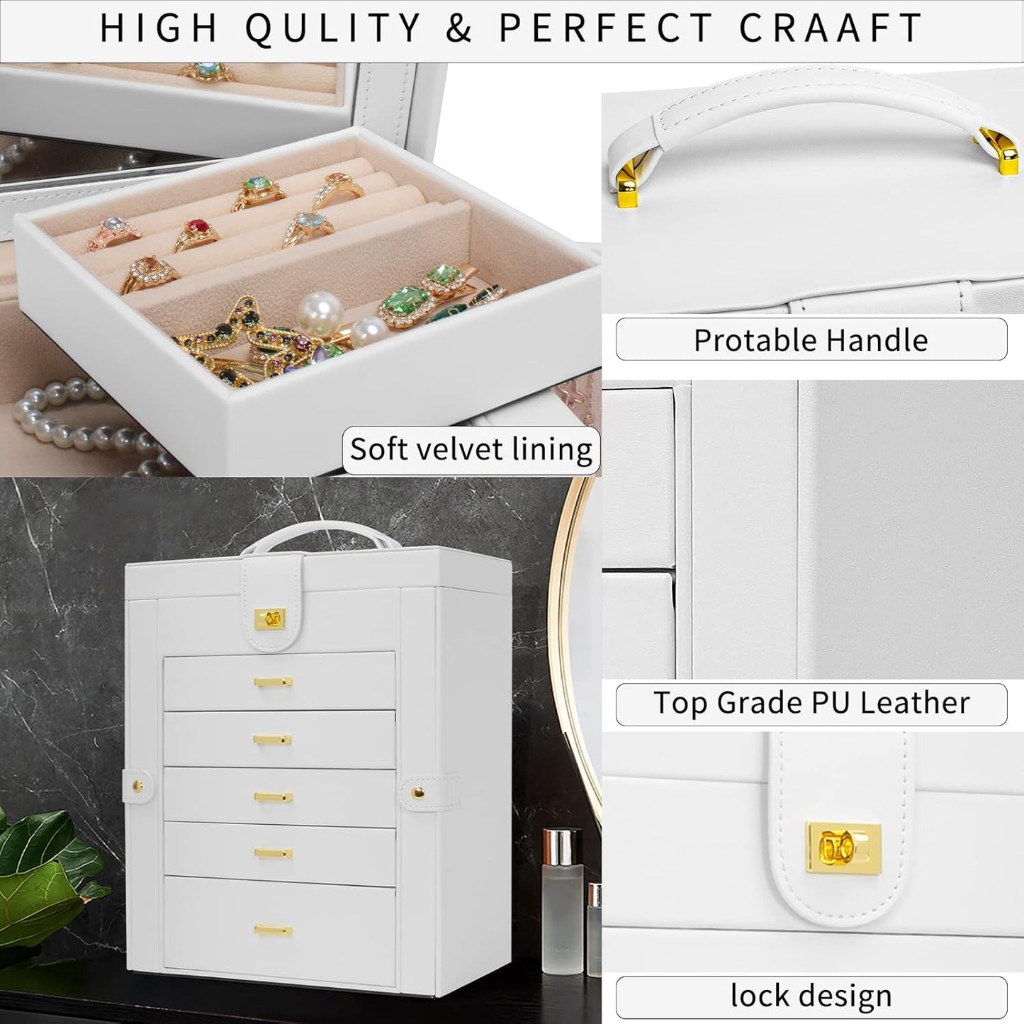 6-Tier Jewelry Box Organizer with 5 Drawers Leather Jewelry Storage Case for Women Girls Holder Organizer with Mirror