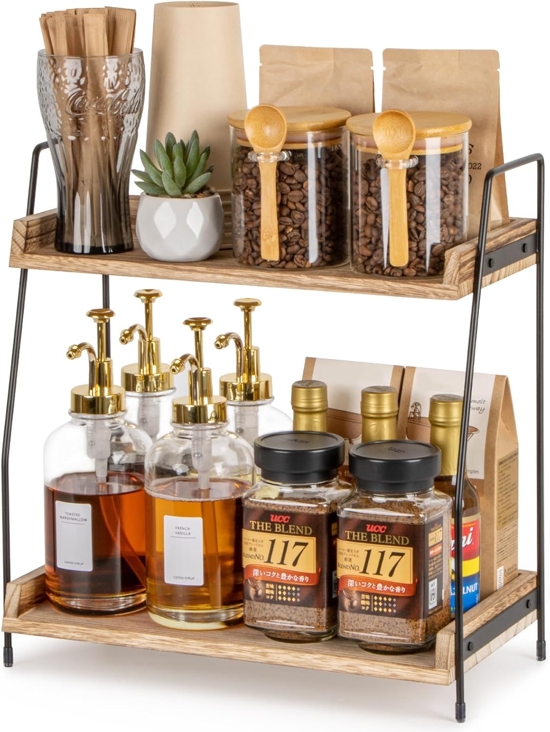 Countertop Coffee Station Organizer, 2 Tier Wooden Shelf for Coffee Bar Accessories, Condiment Storage Caddy