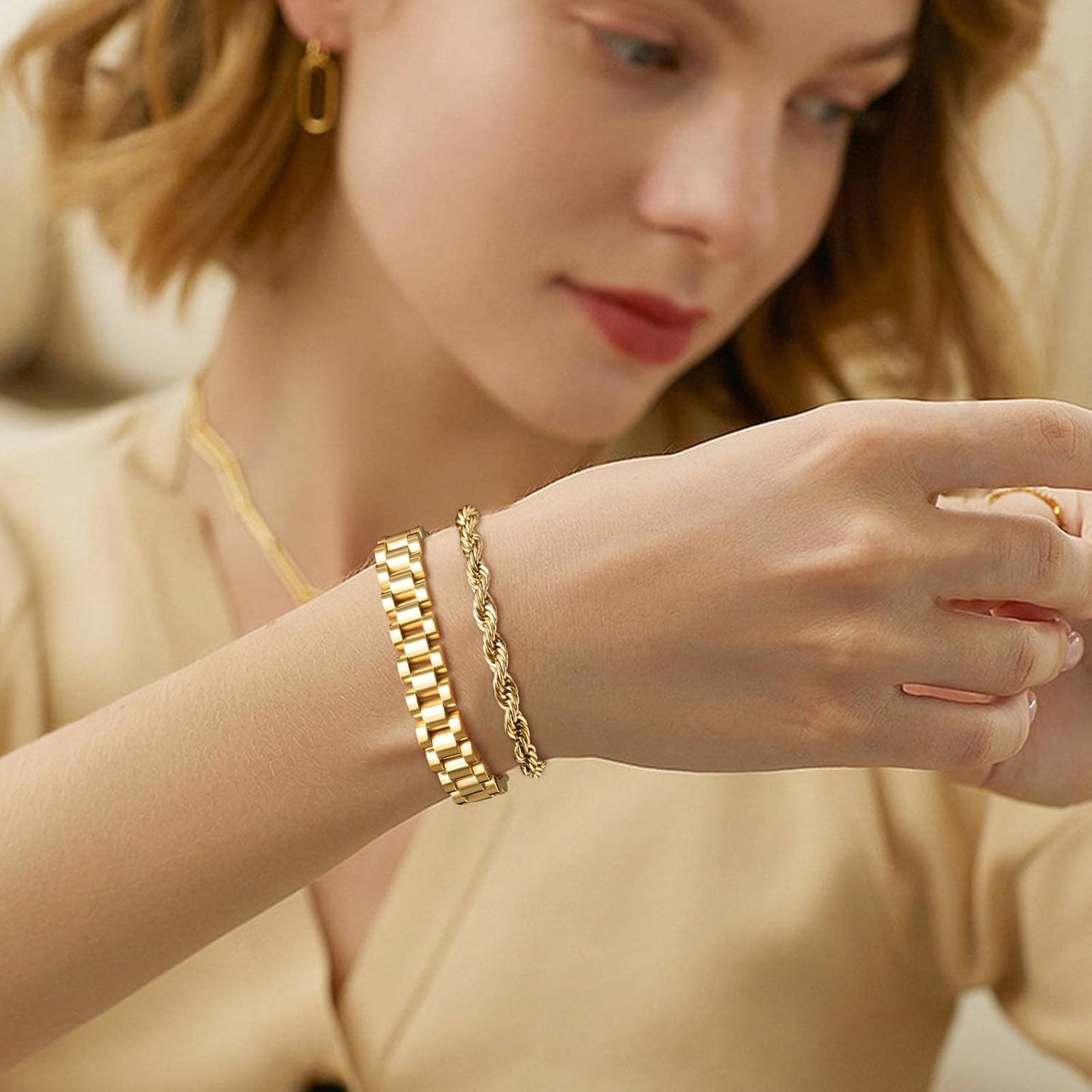 2pcs Gold Chain Link Bracelet, Stainless Steel Crystal Friendship Bracelets Bangle,Watch Band Chains Wristband