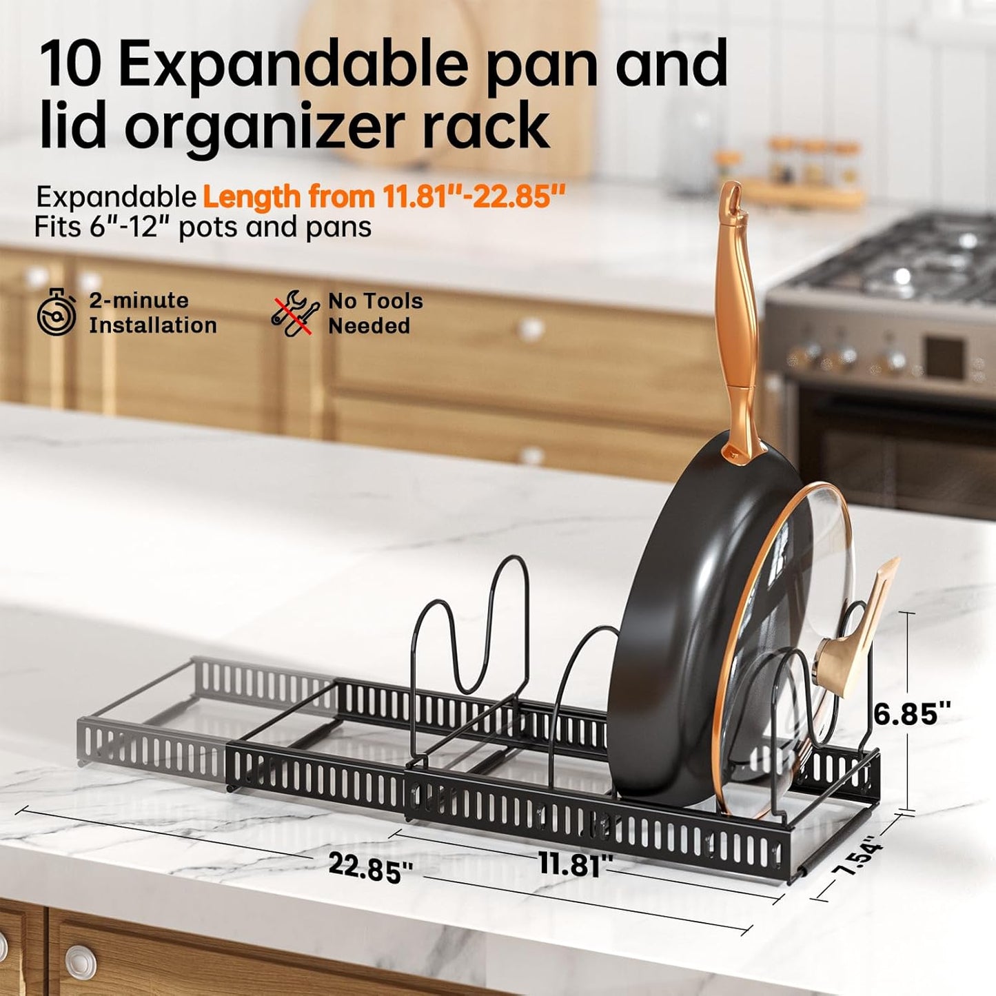 Pots and Pans Organizer Rack for under Cabinet,  Cabinet Organizer Holder with 10 Adjustable