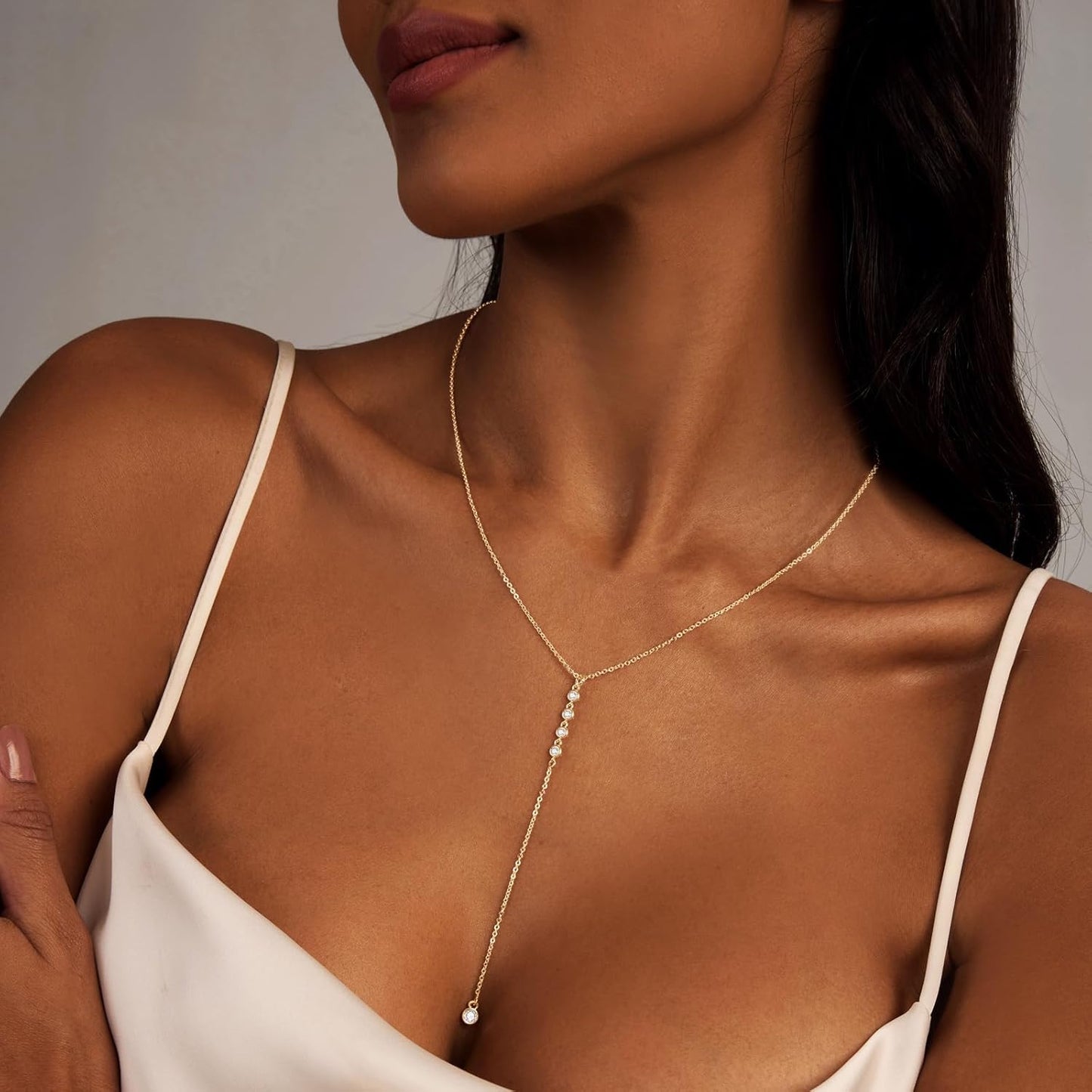 Lariat Gold Necklace for Women: Dainty 14K Gold Plated/Silver Y-Shaped Beaded Drop Chain, Trendy Gift