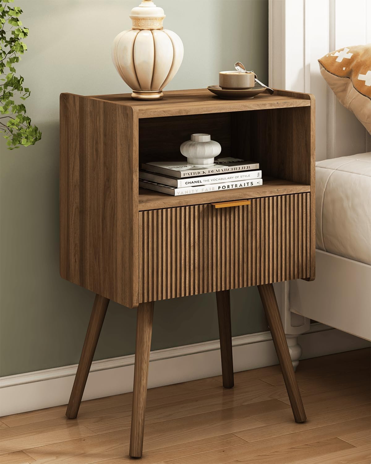Nightstand, with Storage Drawer and Open Wood Shelf,  Accent Night Stand Easy Assembly