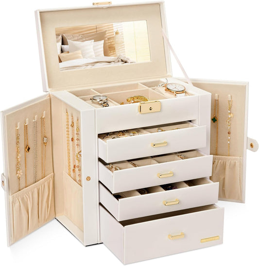 Synthetic Leather Huge Jewelry Box Mirrored Watch Organizer Necklace Ring Earring Storage Lockable