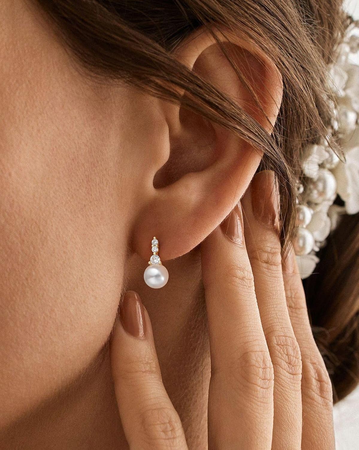 Pearl Earrings: 14k Gold-plated Cubic Zirconia Accented Pearl Drop Dangle Wedding Engagement Earrings For Women Bridal Bridesmaid