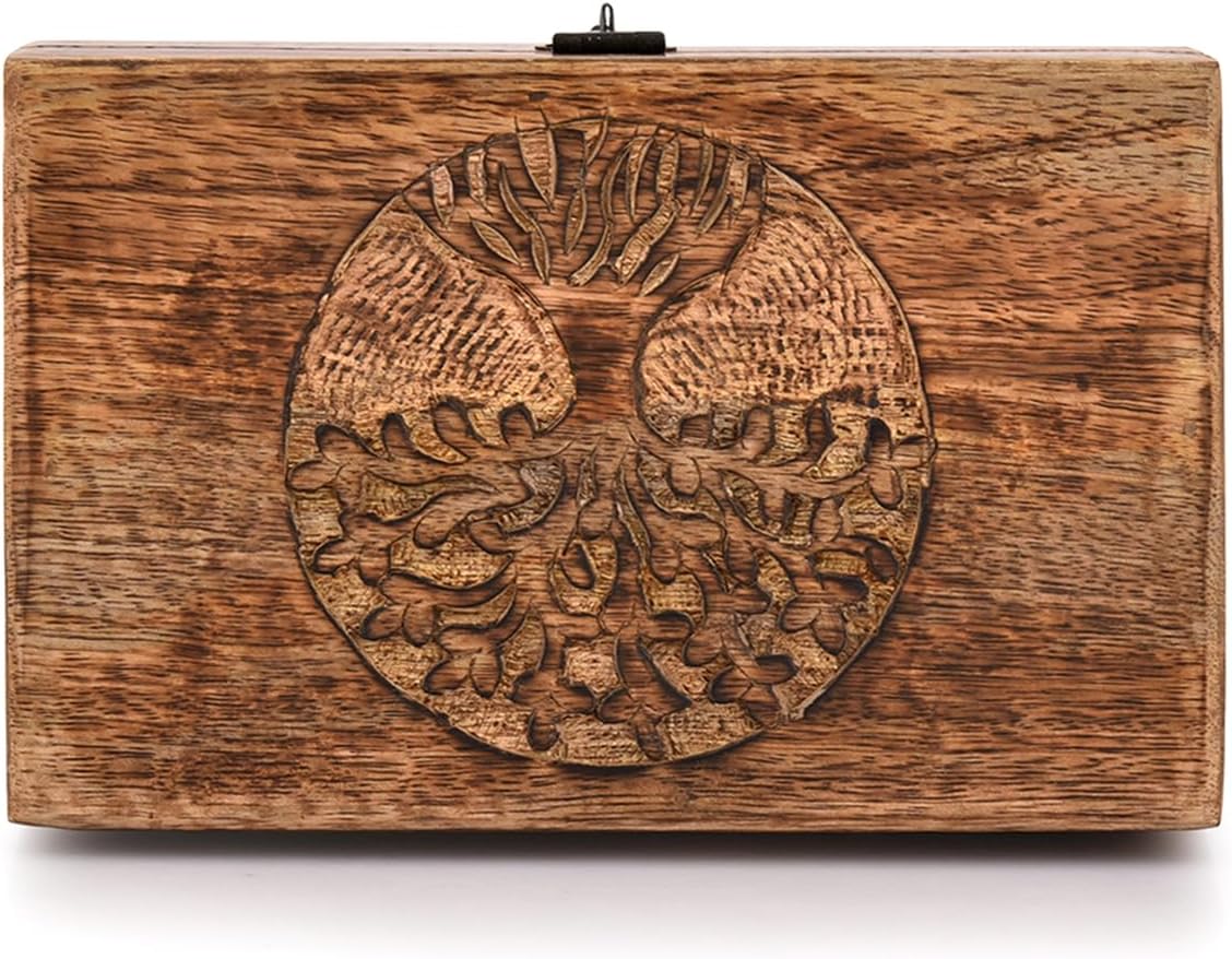 Handmade Mango Wood Tree of Life Engraving Beautifully Keepsake Box Jewellery Organiser Unique Gift Ideas