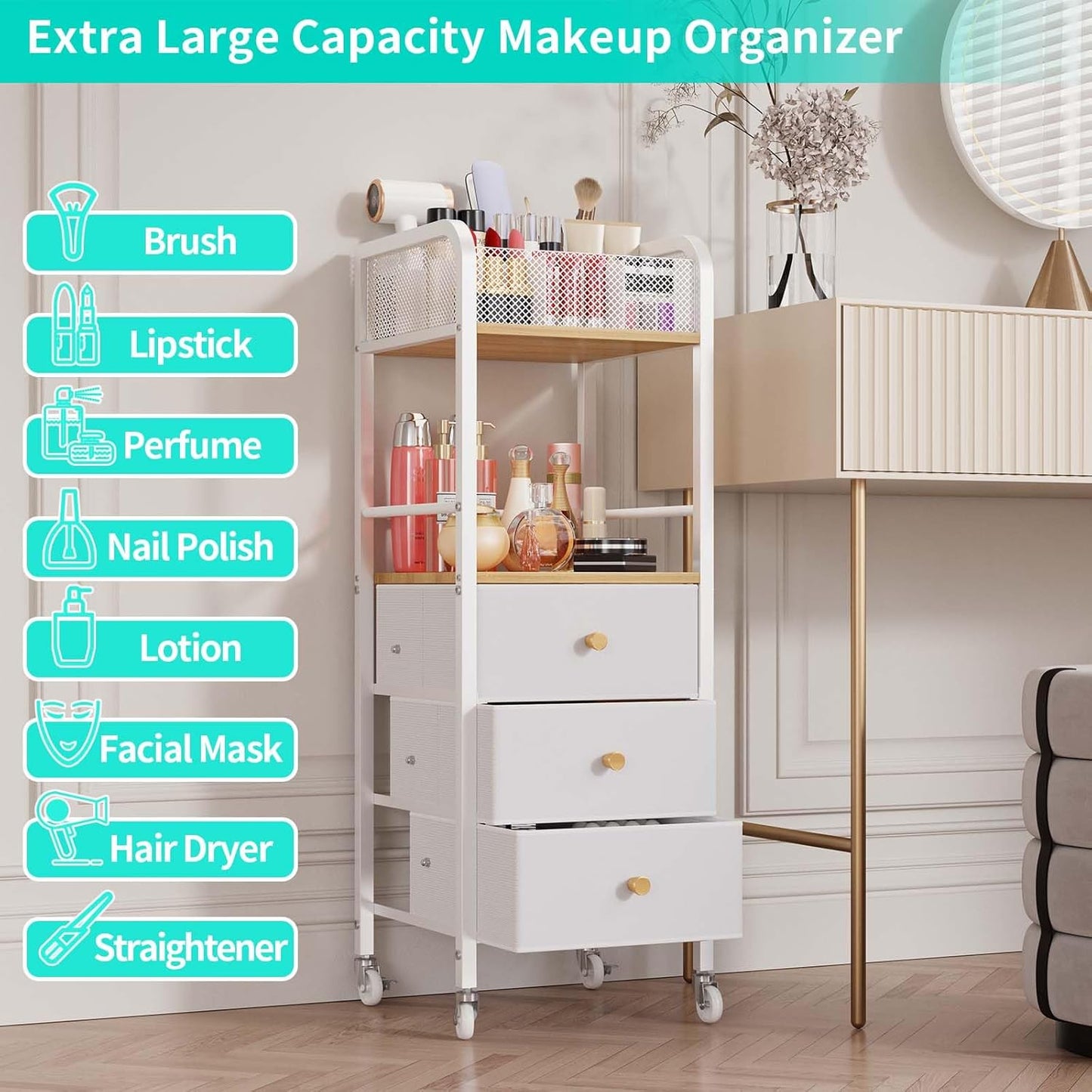 Rolling Makeup Cart Organizer - Floor Skincare Make Up Storage with 3 Non-woven Fabric Drawers