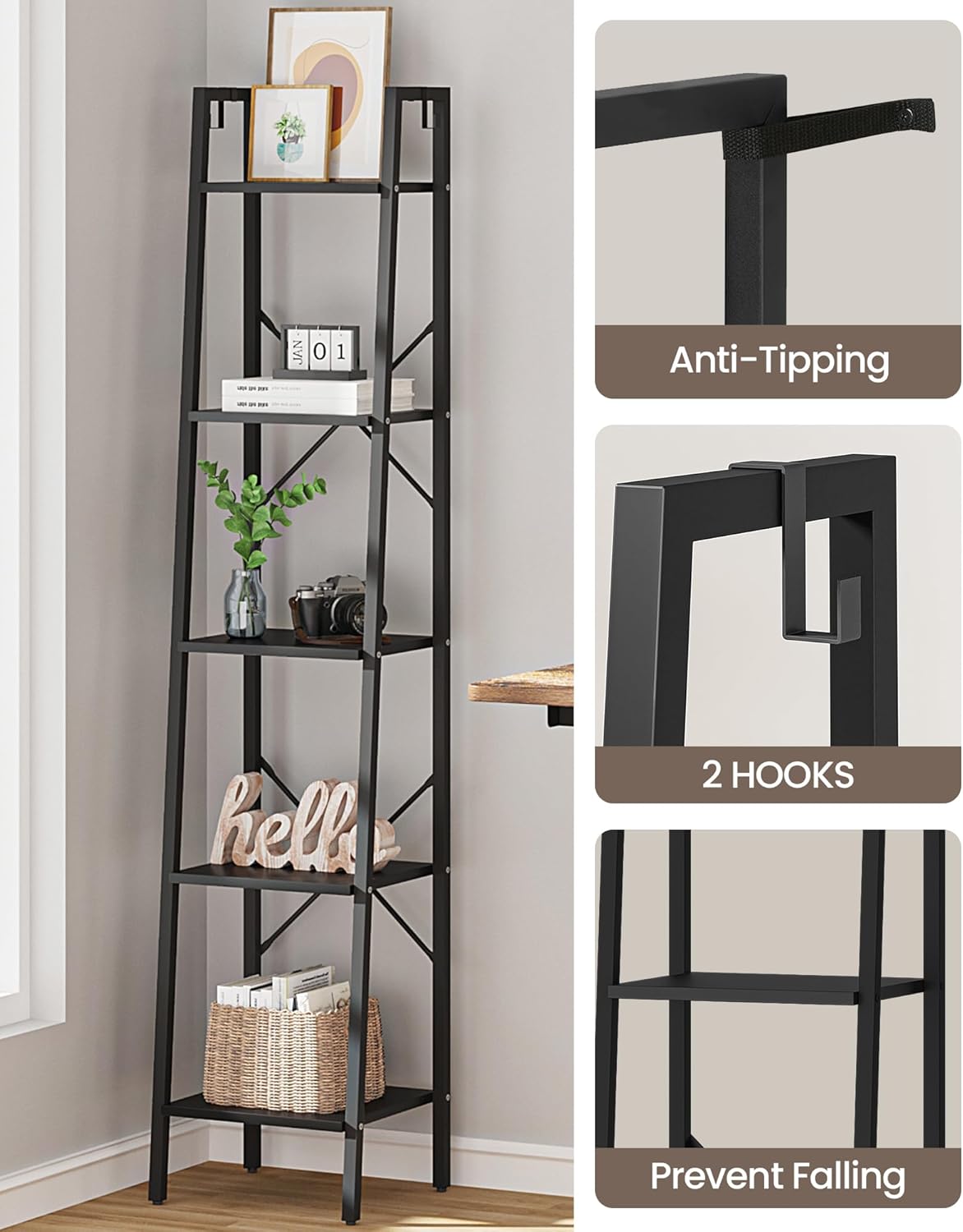 Ladder Shelf, Bookshelf Bookcase, Freestanding Corner Storage Shelve with 2 Hooks