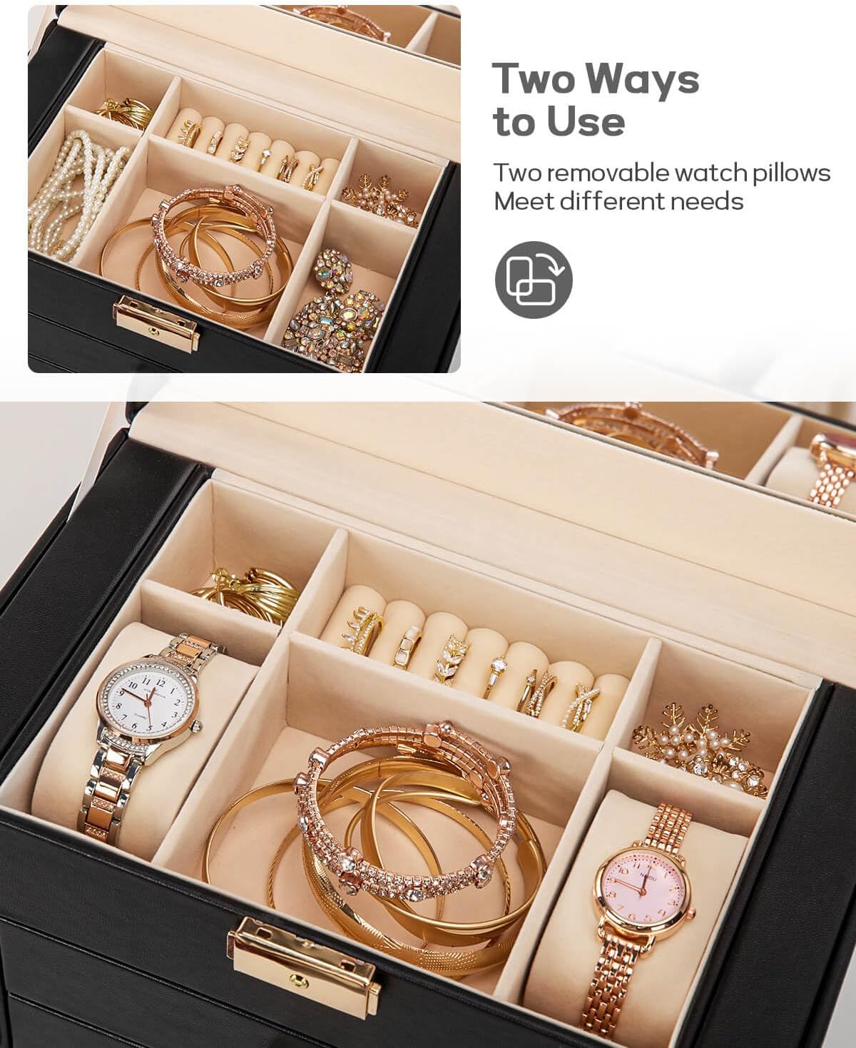 Synthetic Leather Huge Jewelry Box Mirrored Watch Organizer Necklace Ring Earring Storage Lockable