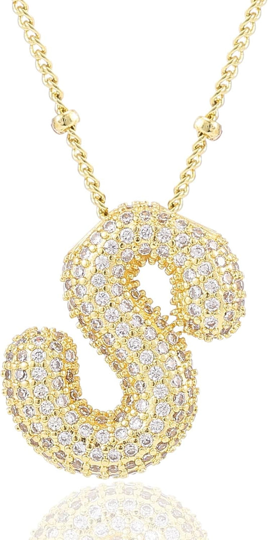 Personalized Chunky Initial Necklace: 14K Gold Plated Bubble Balloon Charm Pendant for Women