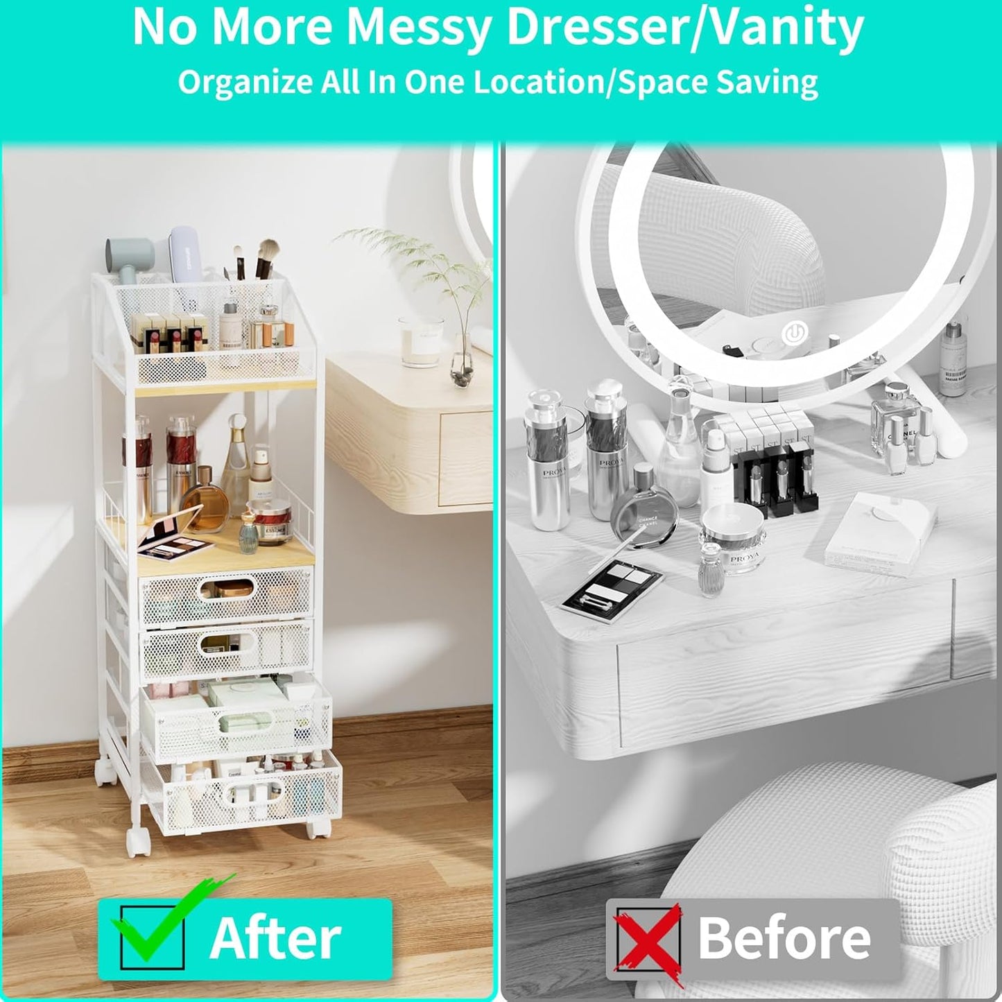 Makeup Organizer Storage Cart - Floor Skincare Make Up Storage with 4 Drawers, Rolling Makeup