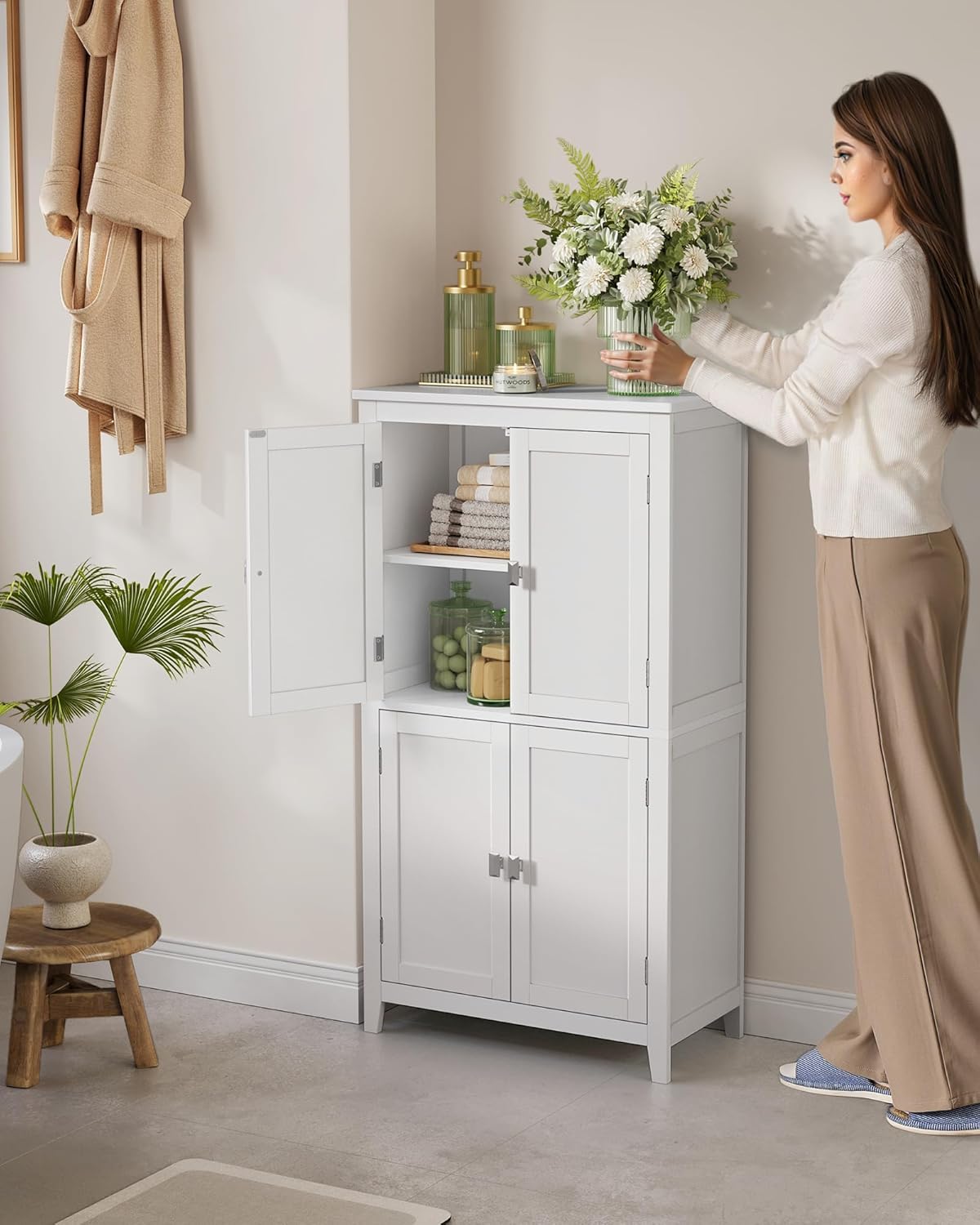 Floor Storage Cabinet, Freestanding Storage Unit with 4 Doors, Adjustable Shelves, for Entryway, Bathroom