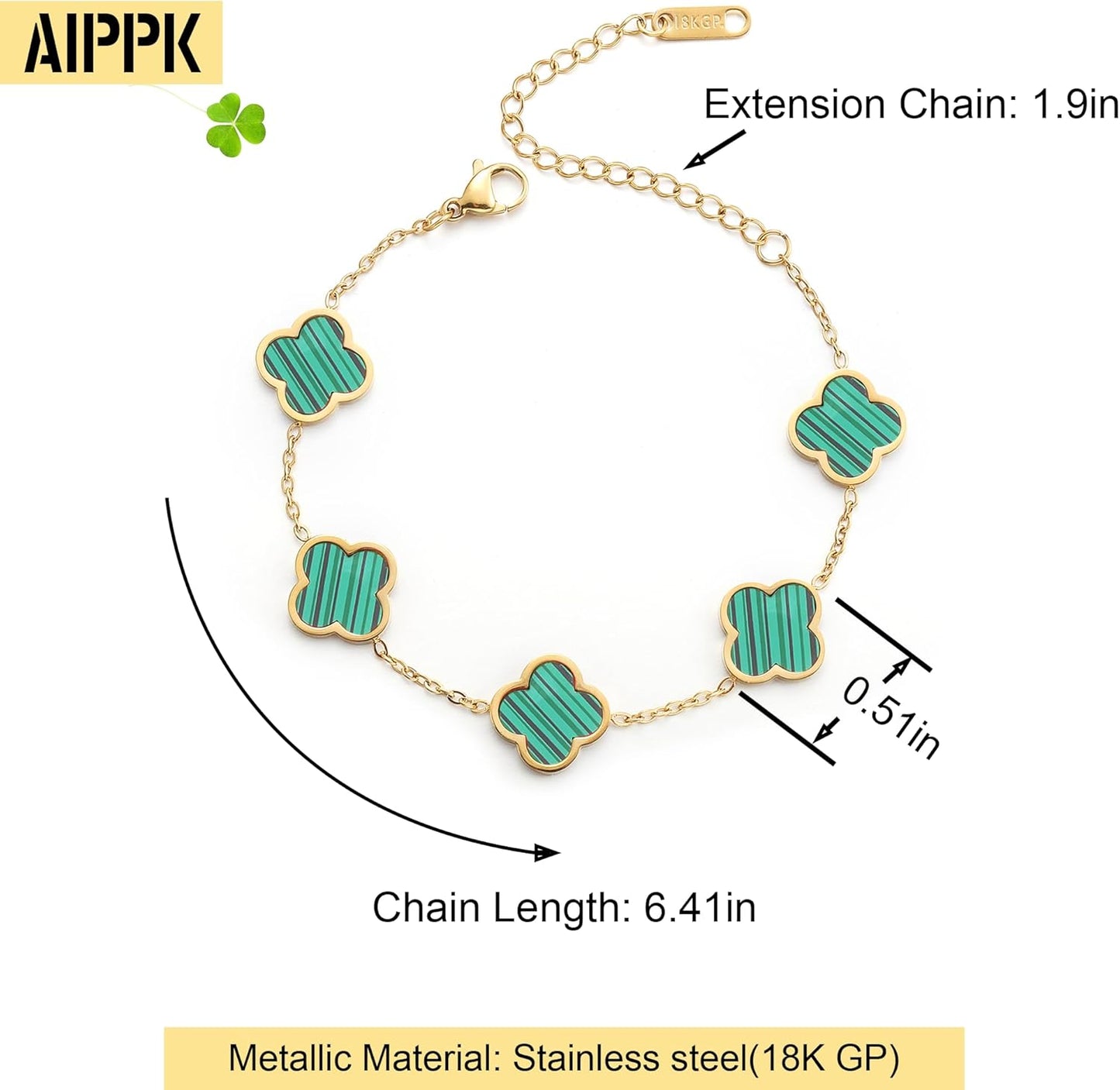 18K Gold Plated Clover Lucky Bracelet for Women White/Black/Red/Green Flower Four Leaf Link Bracelets