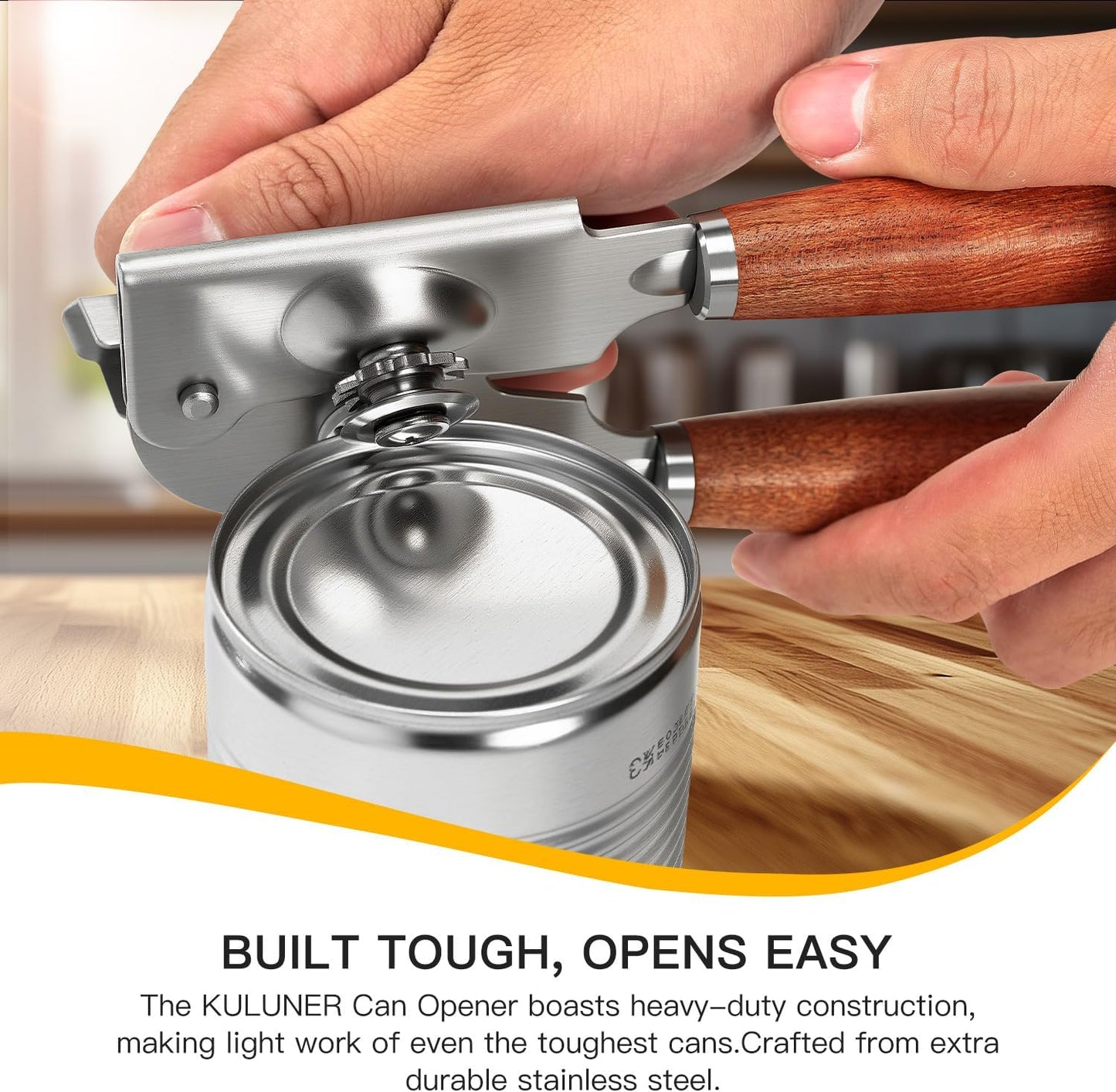 Manual Can Opener with Solid Wood Handle, Sharp Smooth Edge Blade