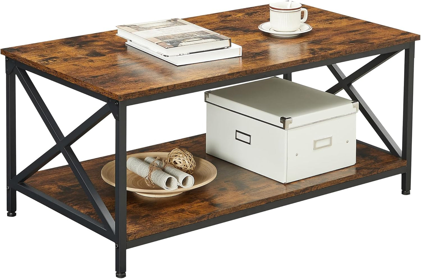 Coffee Table, Cocktail Table with Storage Shelf and X-Shape Steel Frame, Industrial Farmhouse Style