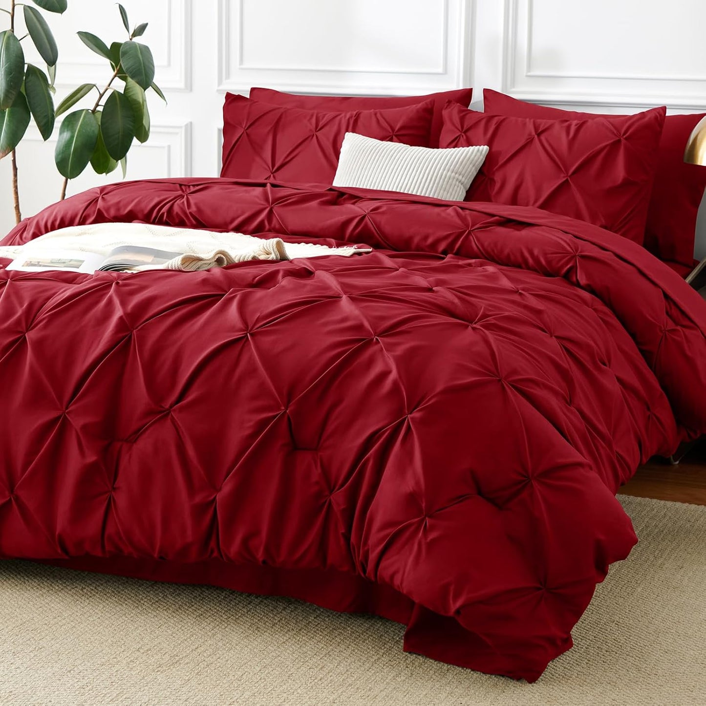 Queen Comforter Set Black, 7 count Pintuck Bed in A Bag, Premium Black Comforter Queen Size