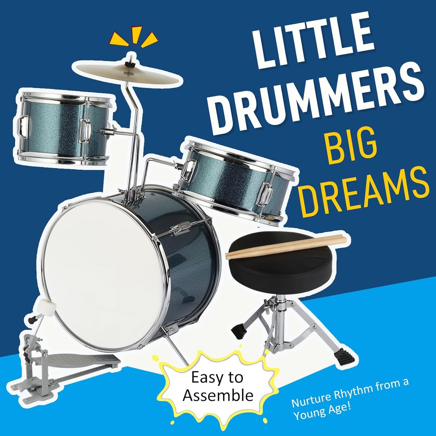 OMOMMD 3-Piece Drum Set, 14 Inch Beginners Drums Kit with Throne Stool, Pedal & 2 Pairs of Drumsticks, Junior Drums Set Musical Instruments W/Cymbal, Tom, and Snare Drum (Blue)