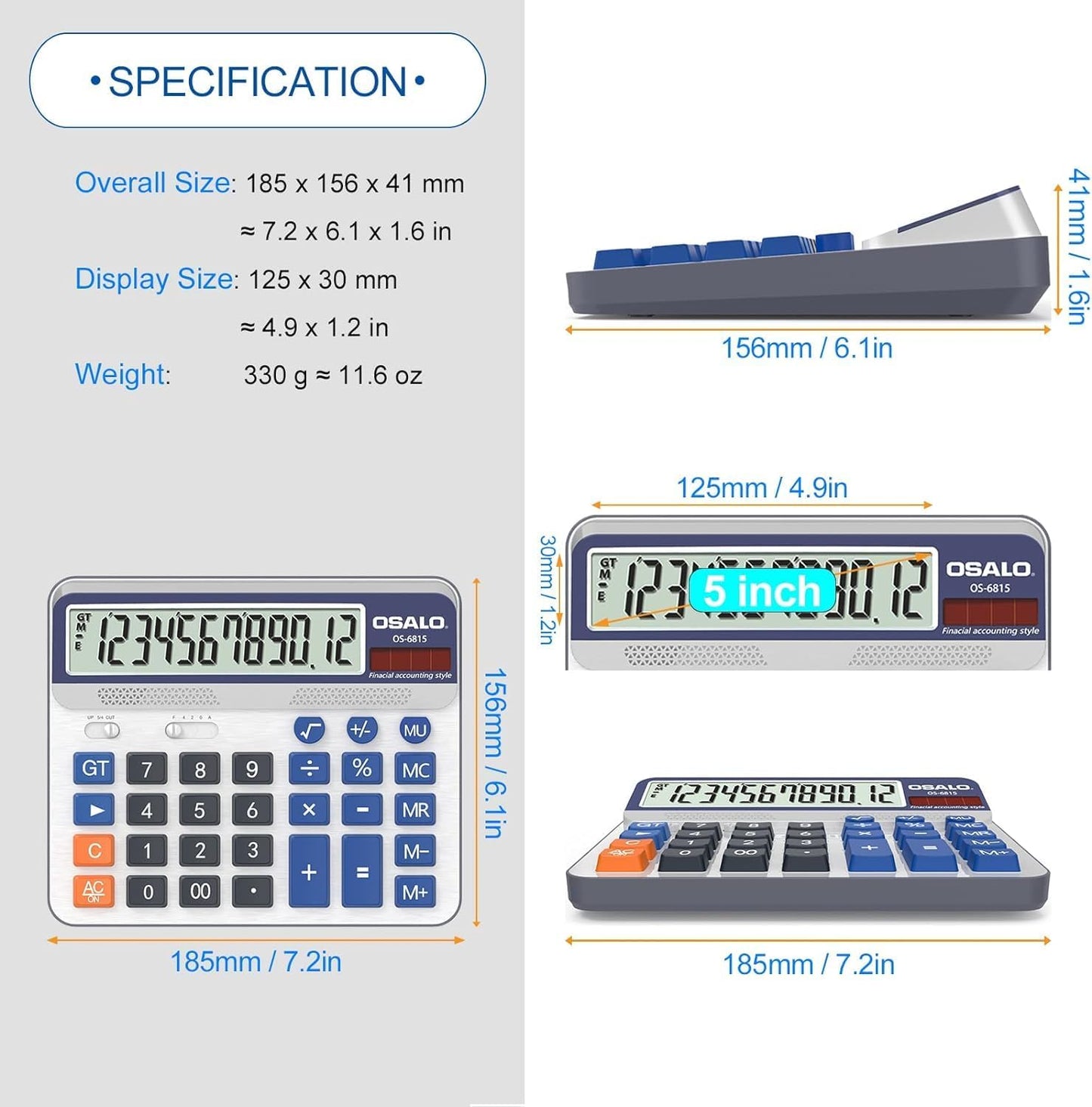 OMOMMD Desktop Calculator Extra Large 5-Inch LCD Display 12-Digit Big Number Accounting Calculator with Giant Response Button, Battery & Solar Powered, Perfect for Office Business Home Daily Use(OS-6815)