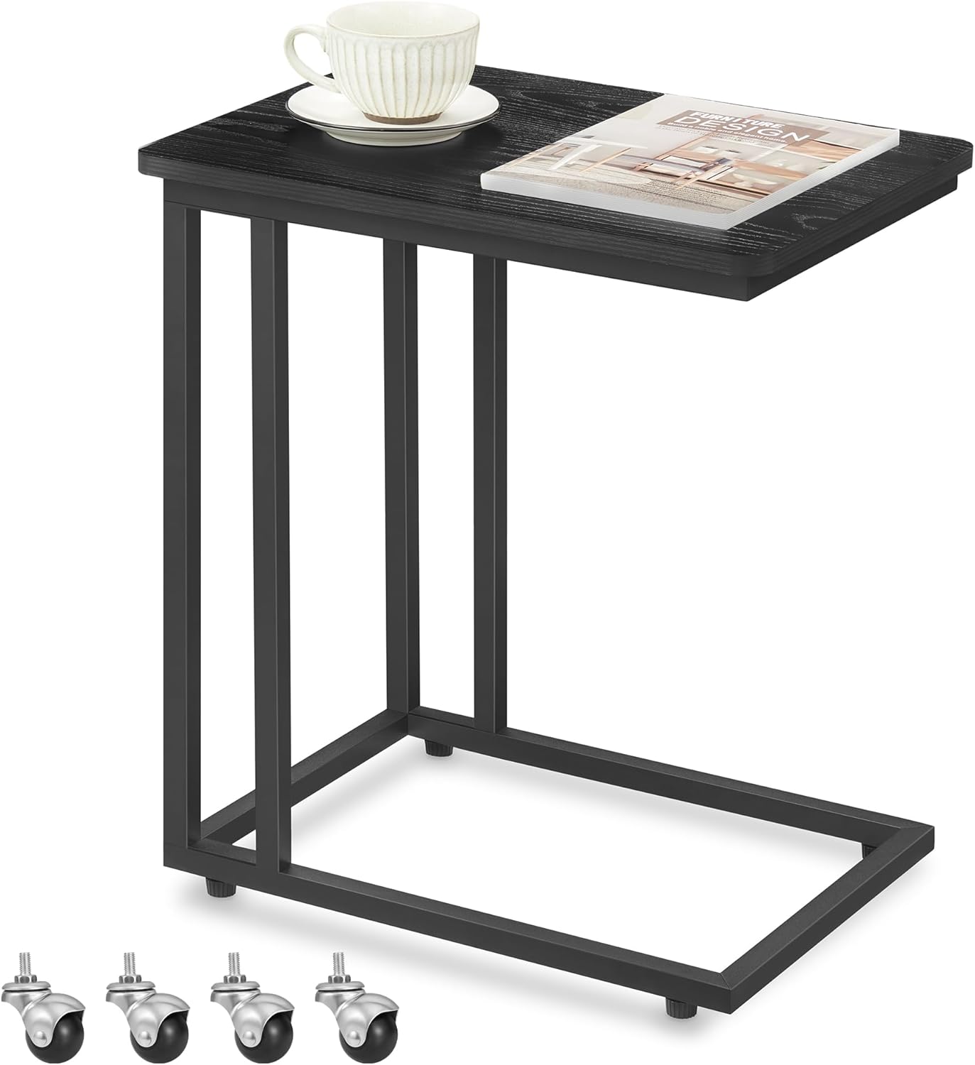 C Shaped TV Tray with Metal Frame Rolling Casters, Industrial Side Table for Living Room Bedroom