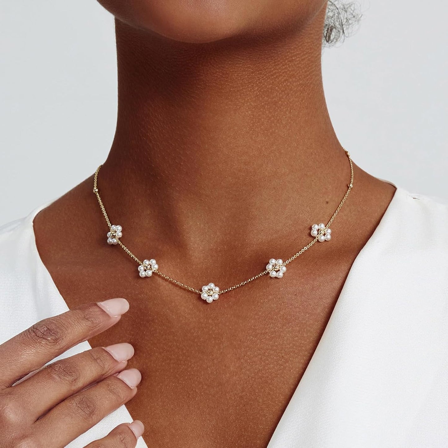 14K Gold Plated Pearl Necklace Set for Women - Dainty Layered Daisy Choker, Elegant Gift