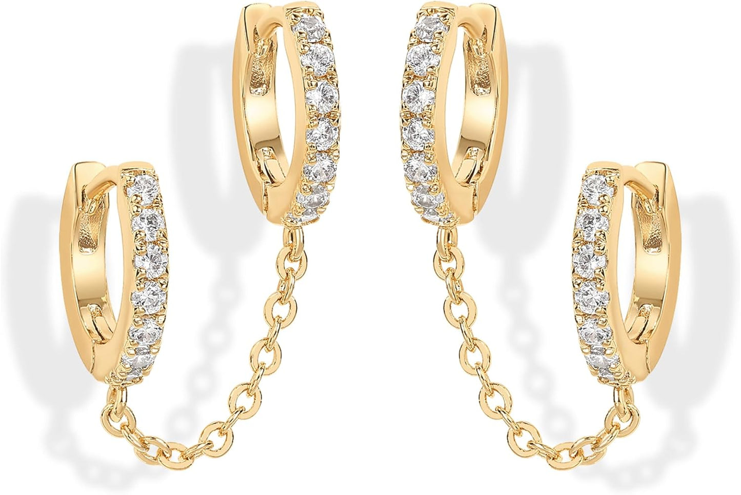 14K Gold Chain Earrings for Women | Double Piercing Dangle Chain Huggie Hoop Earrings | Cubic Zirconia Pearl Stud Ear Cuff Earrings for Women