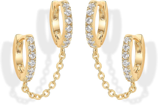 14K Gold Chain Earrings for Women | Double Piercing Dangle Chain Huggie Hoop Earrings | Cubic Zirconia Pearl Stud Ear Cuff Earrings for Women