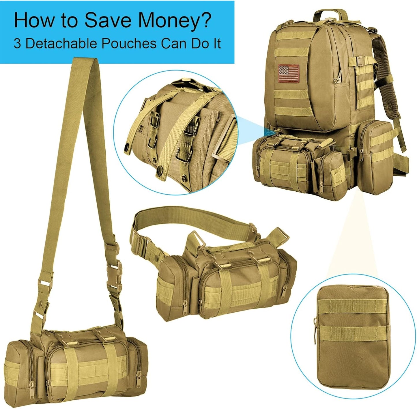 Tactical Backpack Military Army Rucksack 60L Large Assault Pack Detachable Molle Bag