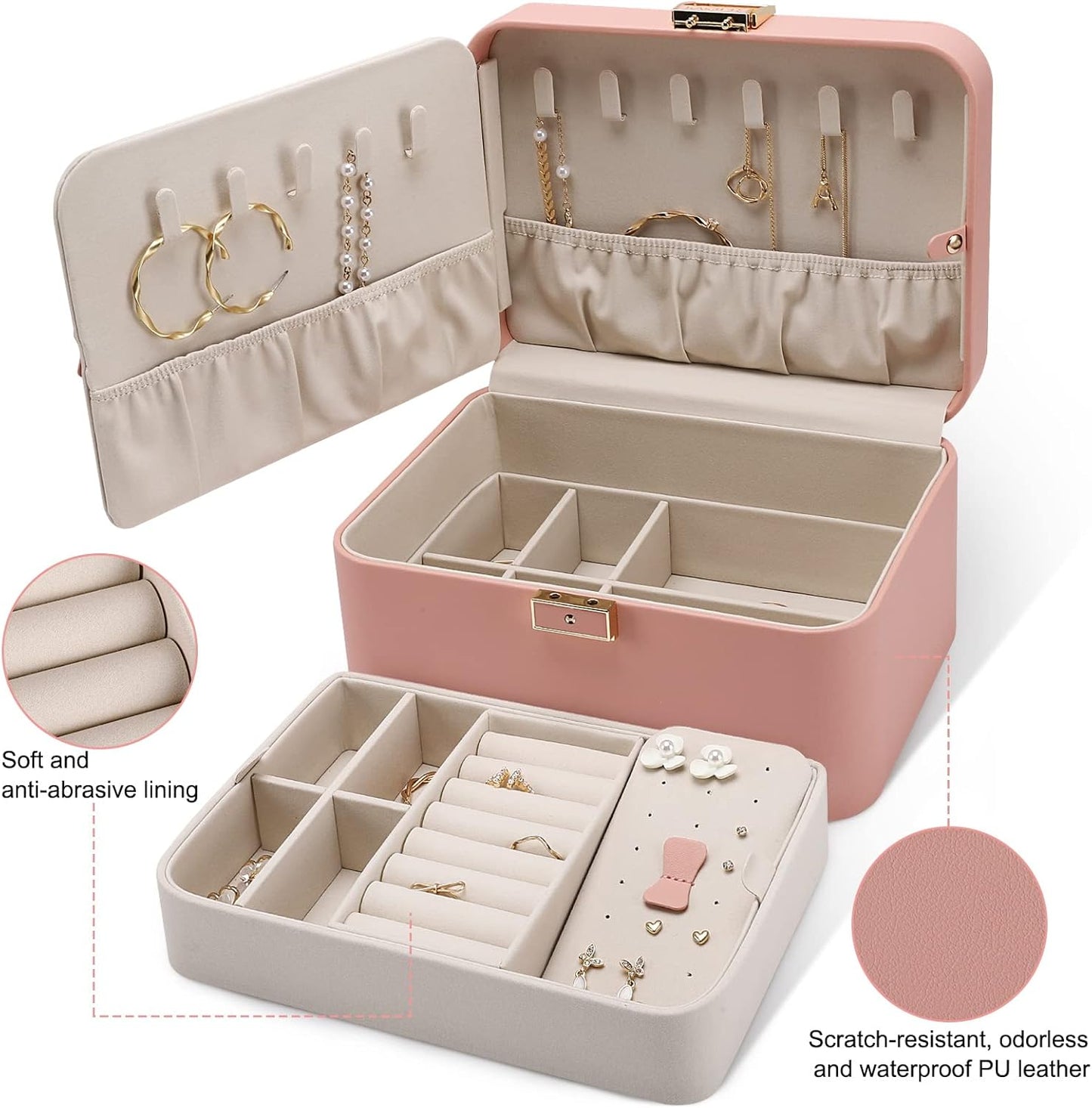 Jewelry Organizer Box, 2 Layers, Large Capacity, Double Lock and Large Mirror, Hidden Necklace Hooks, Removable Dividers