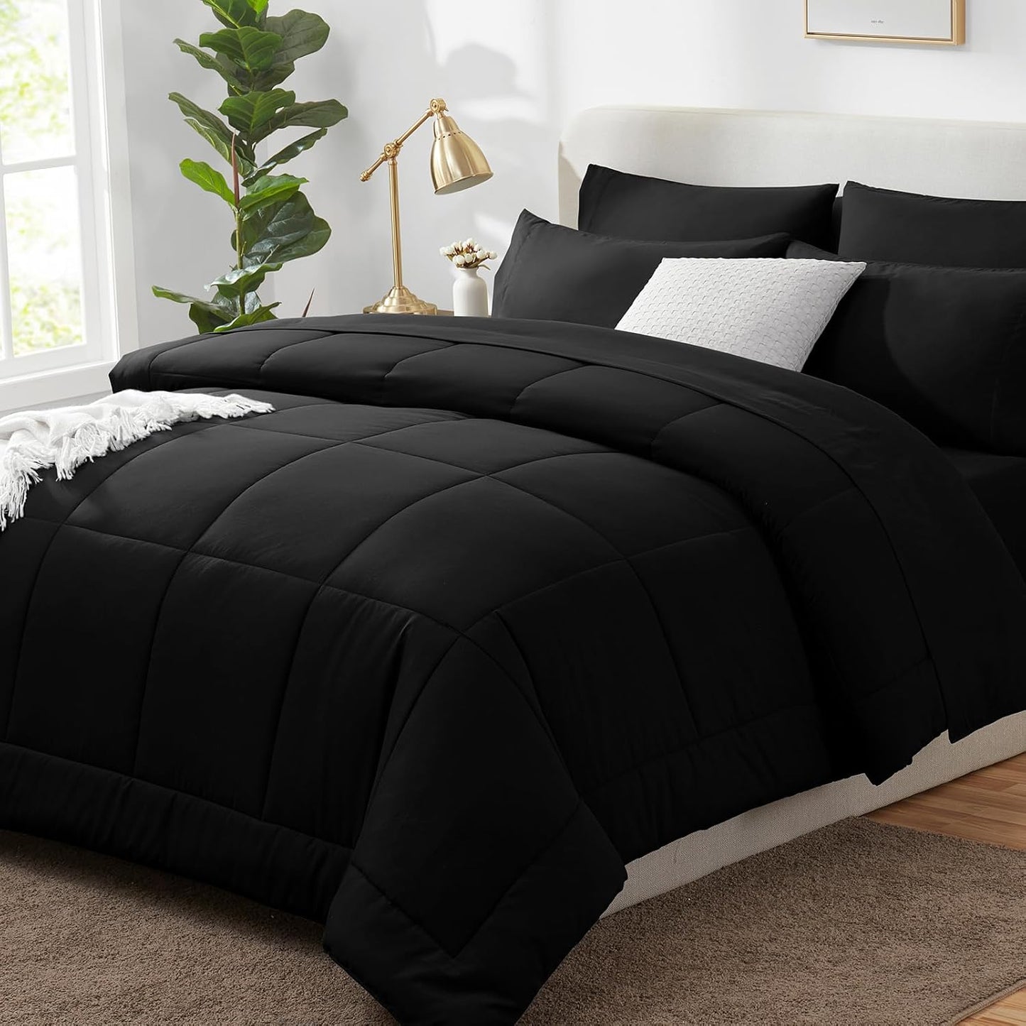 Queen Comforter Set Black, 7 count Bed in a Bag, All Season Bedding Sets