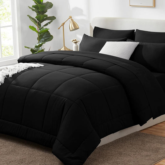 Queen Comforter Set Black, 7 count Bed in a Bag, All Season Bedding Sets