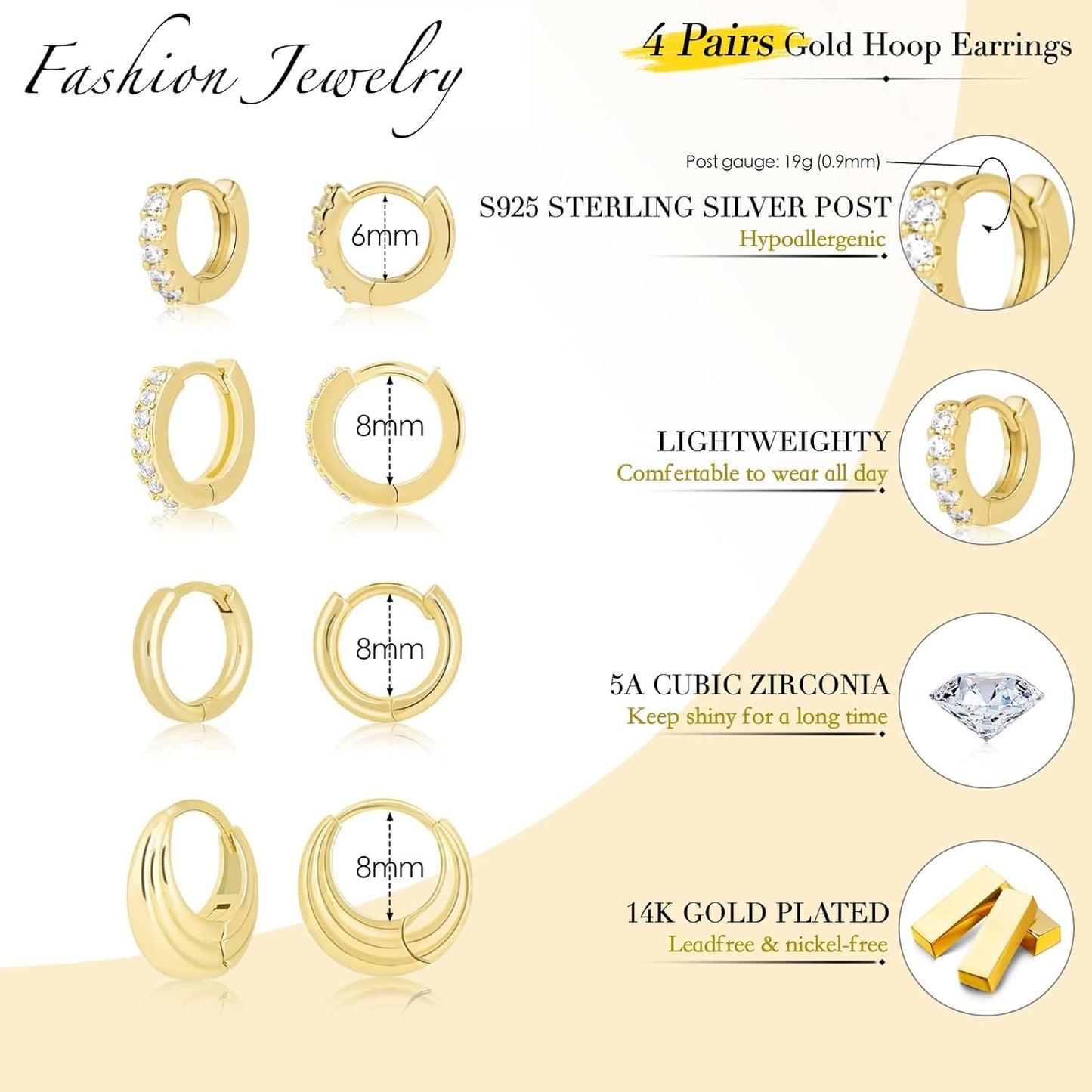 Small Gold Huggie Hoop Earrings Set for Women Men Hypoallergenic 14K Plated Stack Cartilage Earrings, Multiple Piercing