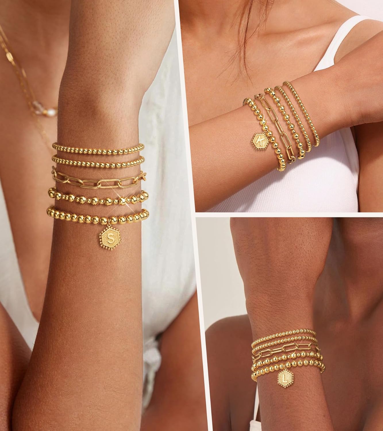 adoyi Gold Bracelets for Women Waterproof, 14K Gold Plated Beaded Strand Bead Ball Bracelets stack