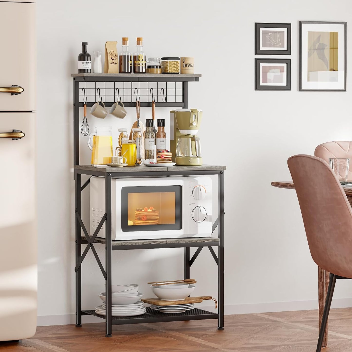 Bakers Rack, Microwave Stand with Storage 4 Tiers, Coffee Bar Station with 6 S Hooks and Pegboard