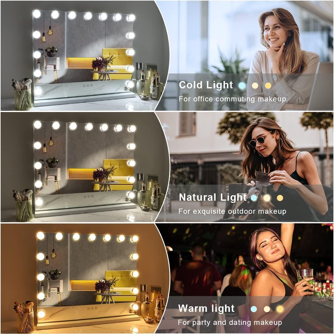 Vanity Mirror with Lights, Mirror with 15 Dimmable LED Bulbs for Dressing Room & Bedroom