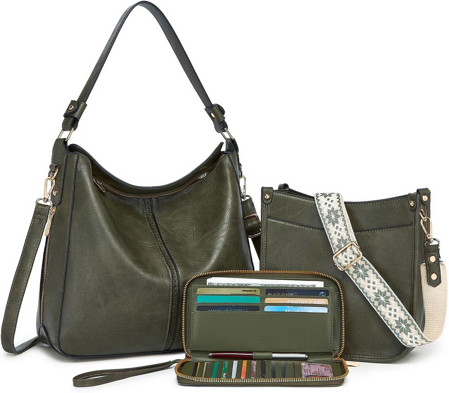 3PCS Crossbody Bags Set Large Leather Purse Shoulder Handbags with Wallet Adjustable Straps