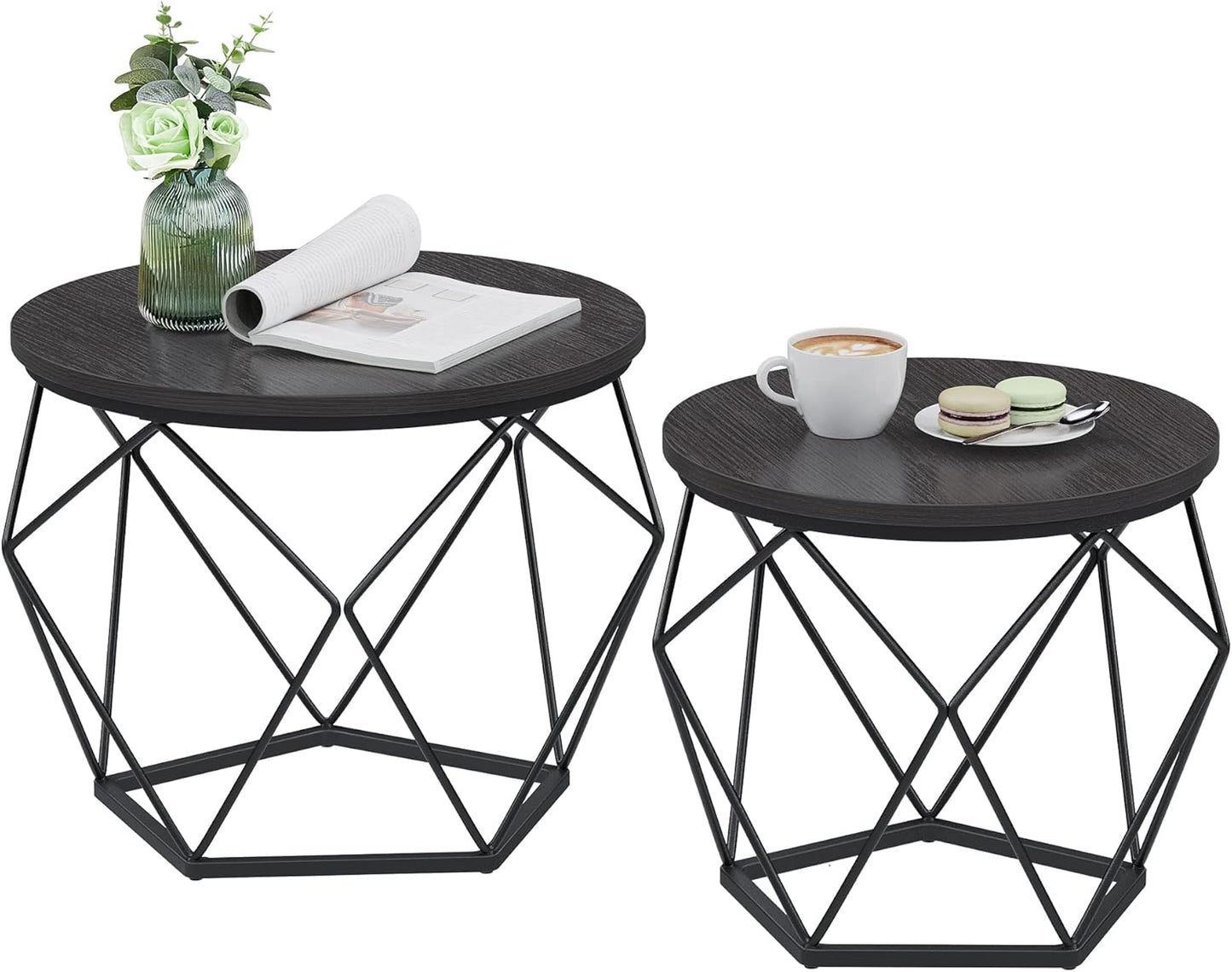 Small Coffee Table Set of 2, Round Coffee Table with Steel Frame, Side End Table for Living Room