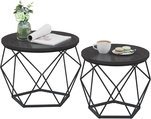 Small Coffee Table Set of 2, Round Coffee Table with Steel Frame, Side End Table for Living Room