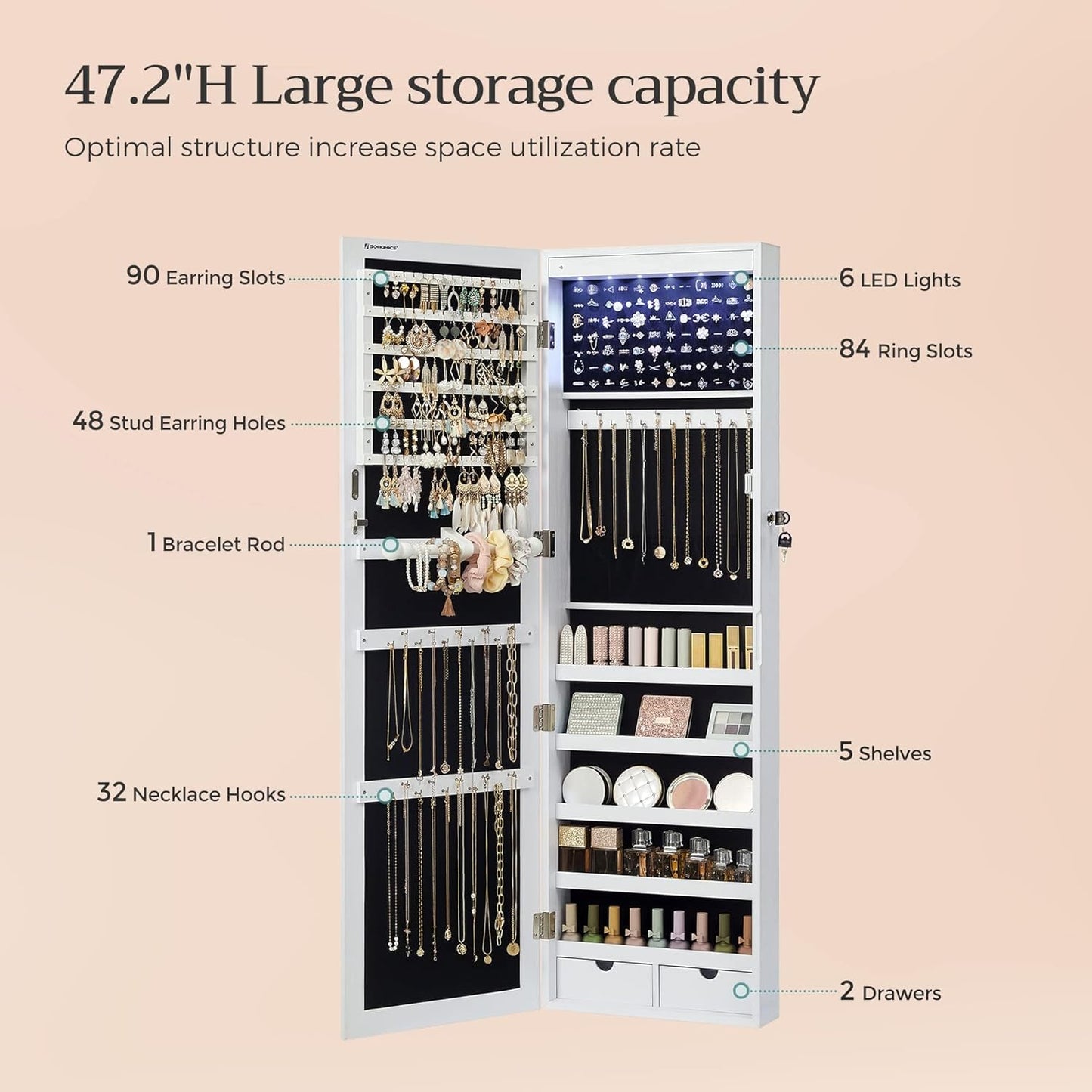 6 LEDs Mirror Jewelry Cabinet, Tall Lockable Wall or Door Mounted Jewelry Armoire Organizer
