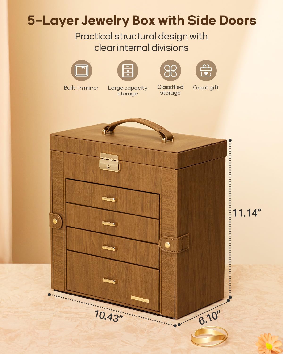Synthetic Leather Huge Jewelry Box Mirrored Watch Organizer Necklace Ring Earring Storage Lockable