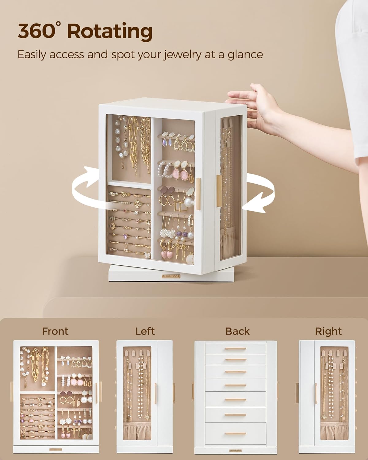 360° Rotating Jewelry Box with 7 Drawers, Spacious Vertical Jewelry Organizer with Glass Window