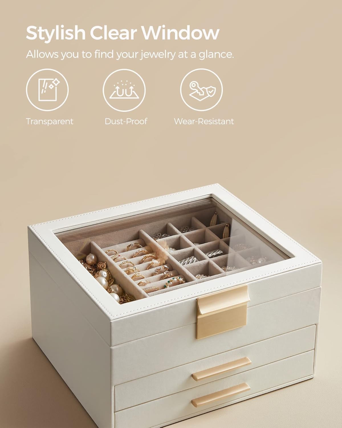 Jewelry Box Organizer with Glass Lid, 3-Layer Jewelry Storage, with 2 Drawers, Modern Style, Cloud White and Gold Color