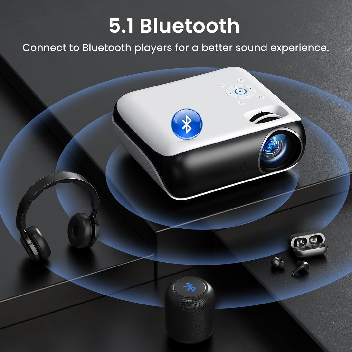 OMOMMD Native 1080P Bluetooth Mini Projector, Full HD Portable Outdoor Movie Projector with Built-in Speaker, Compatible with Smartphone, HDMI, USB, AV, Fire Stick, PS5 for Home, Bedroom, Outdoor Use