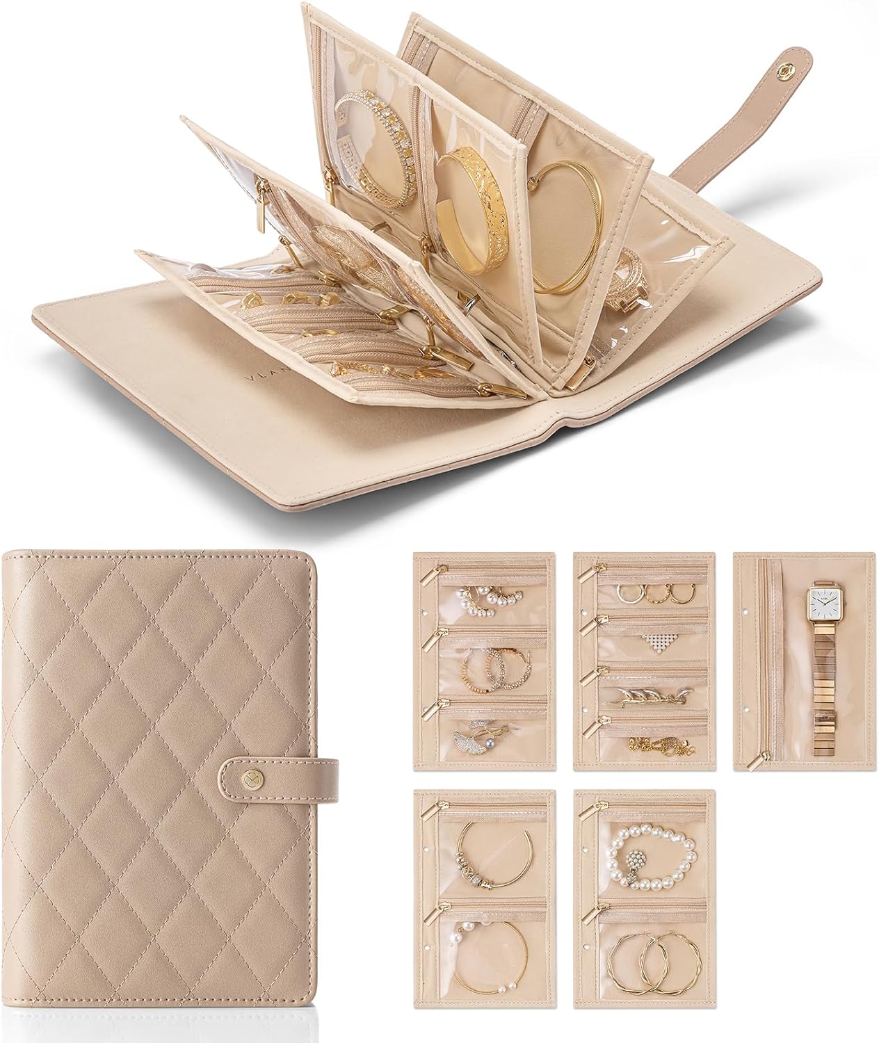 Travel Jewelry Organizer Case,Jewelry Storage Book Ring Binder with Clear Zipper Velvet Pouch Bag