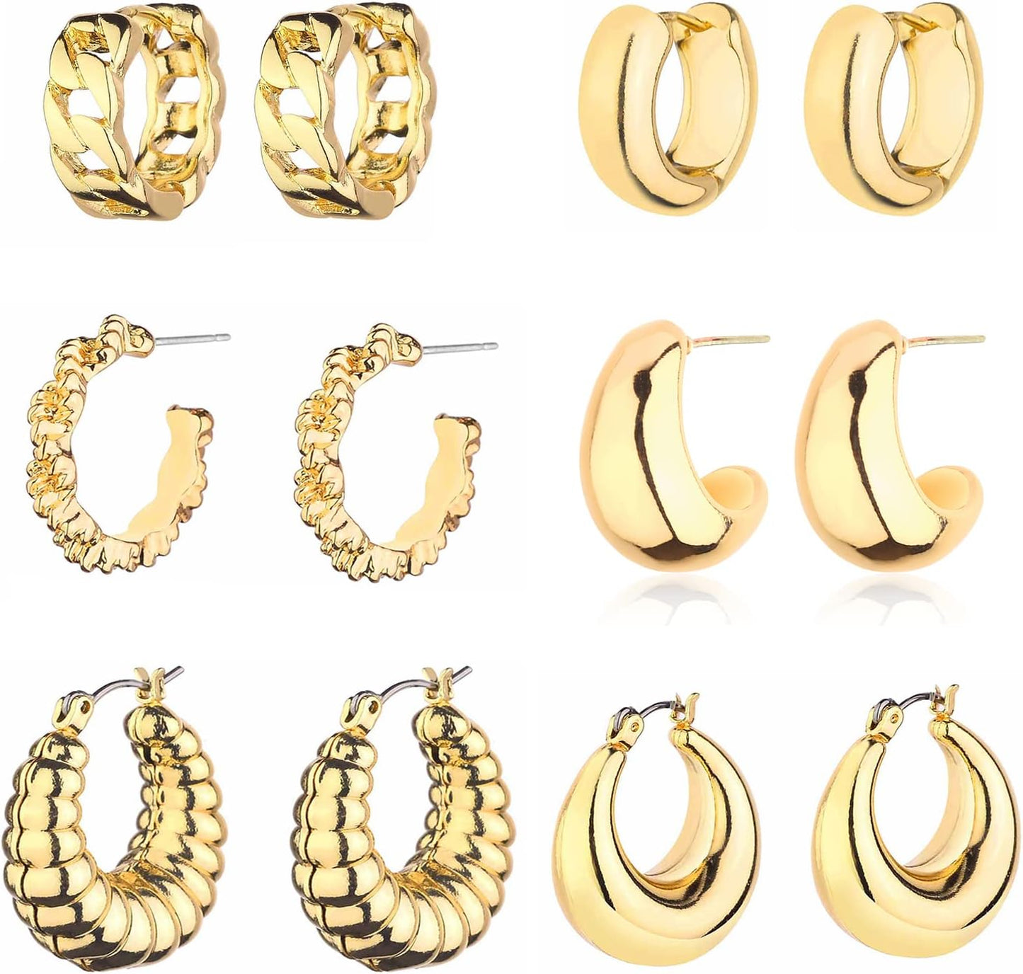 Gold Chunky Hoop Earrings Set for Women, 14K Gold Plated Twisted Huggie Hoop Earring, Thick Open Hoops Set Lightweight